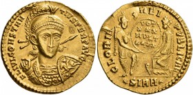 Constantius II, 337-361. Solidus (Gold, 21 mm, 4.37 g, 1 h), Sirmium, September 351-6 November 355. FL IVL CONSTAN-TIVS PERP AVG Pearl-diademed, helme...