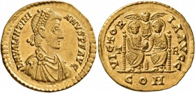 Valentinian II, 375-392. Solidus (Gold, 21 mm, 4.49 g, 7 h), Treveri, 389-391. D N VALENTINI-ANVS P F AVG Pearl-diademed, draped and cuirassed bust of...