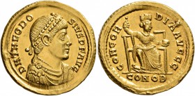 Theodosius I, 379-395. Solidus (Gold, 21 mm, 4.45 g, 6 h), Constantinopolis, 378-383. D N THEODO-SIVS P F AVG Pearl-diademed, draped and cuirassed bus...