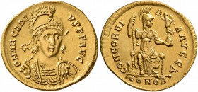 Arcadius, 383-408. Solidus (Gold, 20 mm, 4.35 g, 6 h), a contemporary imitation from an irregular mint, after 395. D N ARCADI-VS P F AVG Pearl-diademe...