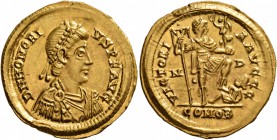 Honorius, 393-423. Solidus (Gold, 22 mm, 4.44 g, 6 h), Mediolanum, 395-423. D N HONORI-VS P F AVG Pearl-diademed, draped and cuirassed bust of Honoriu...