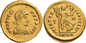 Honorius, 393-423. Solidus (Gold, 21 mm, 4.44 g, 6 h), Sirmium, 402-408. D N HONORI-VS P F AVG Rosette-diademed, draped and cuirassed bust of Honorius...