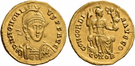 Honorius, 393-423. Solidus (Gold, 20 mm, 4.48 g, 6 h), a contemporary imitation from an irregular mint, after 395. D N HONORI-VS P F AVG Pearl-diademe...