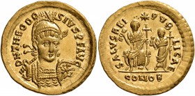Theodosius II, 402-450. Solidus (Gold, 21 mm, 4.44 g, 6 h), Constantinopolis, 425-429. D N THEODO-SIVS P F AVG Pearl-diademed, helmeted and cuirassed ...