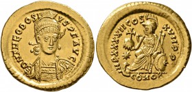 Theodosius II, 402-450. Solidus (Gold, 21 mm, 4.48 g, 6 h), Constantinopolis, 443-450. D N THEODOSI-VS•P•F•AVG Pearl-diademed, helmeted and cuirassed ...