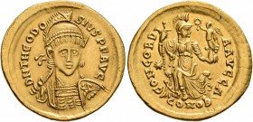 Theodosius II, 402-450. Solidus (Gold, 21 mm, 4.35 g, 6 h), a contemporary imitation from an irregular mint, after 395. D N THEODO-SIVS P F AVG Pearl-...
