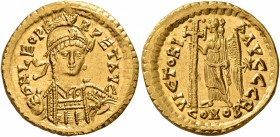 Leo I, 457-474. Solidus (Gold, 20 mm, 4.46 g, 5 h), Constantinopolis, circa 462 or 466. D N LEO PE-RPET AVG Pearl-diademed, helmeted and cuirassed bus...