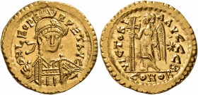Leo I, 457-474. Solidus (Gold, 20 mm, 4.48 g, 5 h), Constantinopolis, circa 462 or 466. D N LEO PE-RPET AVG Pearl-diademed, helmeted and cuirassed bus...
