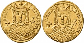 Irene, 797-802. Solidus (Gold, 20 mm, 4.42 g, 6 h), Constantinopolis. ЄIRIҺH bASILISSH Crowned bust of Irene facing, wearing loros, holding globus cru...