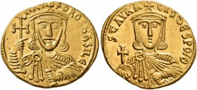 Nicephorus I, with Stauracius, 802-811. Solidus (Gold, 20 mm, 4.44 g, 6 h), Constantinopolis. nICIFOROS b'ASILЄ Crowned and draped bust of Nicephorus ...