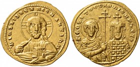 Nicephorus II Phocas, 963-969. Histamenon (Gold, 21 mm, 4.36 g, 6 h), Constantinopolis. +IҺS XIS RЄX RЄGNANTIҺm Bust of Christ facing, with cross-nimb...