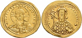 Constantine VIII, 1025-1028. Histamenon (Gold, 25 mm, 4.39 g, 7 h), Constantinopolis. +IҺS XIS RЄX RЄGNANTIҺm Bust of Christ facing, with cross-nimbus...
