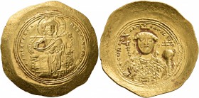 Constantine IX Monomachus, 1042-1055. Histamenon (Gold, 28 mm, 4.40 g, 6 h), Constantinopolis. +IhS XIS RЄX RЄGNANTInm Christ enthroned facing, wearin...