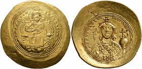 Constantine IX Monomachus, 1042-1055. Histamenon (Gold, 28 mm, 4.38 g, 6 h), Constantinopolis. +IhS XIS RЄX RЄGNANTInm Christ enthroned facing, wearin...