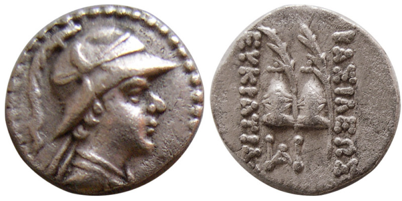 BAKTRIAN KINGDOM. Eukratides I. 171-145 BC. AR Obol (0.68 gm; 10 mm). Diademed a...