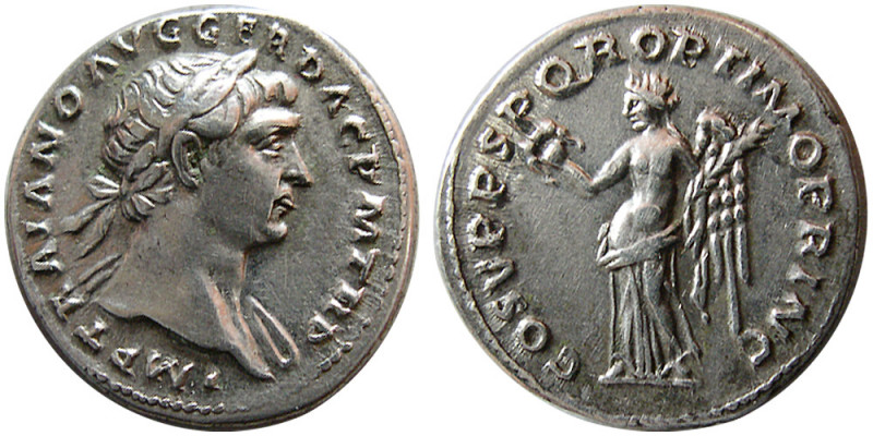 ROMAN EMPIRE. Trajan, 98-117 AD. AR Denarius (3.54 gm; 18 mm). Rome, circa 107-1...