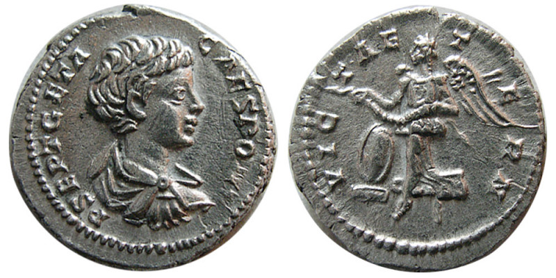 ROMAN EMPIRE. Geta, as Caesar, 198-209 AD. AR Denarius (3.18 gm; 18 mm). Rome, 2...