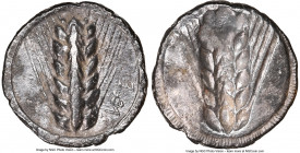 LUCANIA. Metapontum. Ca. 510-470 BC. AR stater (22mm, 7.41 gm, 11h). NGC XF 5/5 - 2/5, graffito. MET (retrograde), barley ear with seven grains; dotte...