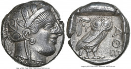 ATTICA. Athens. Ca. 440-404 BC. AR tetradrachm (23mm, 17.16 gm, 1h). NGC AU 4/5 - 5/5. Mid-mass coinage issue. Head of Athena right, wearing earring, ...