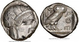 ATTICA. Athens. Ca. 440-404 BC. AR tetradrachm (23mm, 17.17 gm, 3h). NGC AU 3/5 - 4/5. Mid-mass coinage issue. Head of Athena right, wearing earring, ...