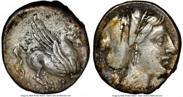 CORINTHIA. Corinth. Ca. 350-280 BC. AR drachm (13mm, 6h). NGC XF. Pegasus flying right; Ϙ below / Head of Aphrodite right, hair in saccos, wearing tri...
