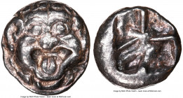 MYSIA. Parium. Ca. 500-450 BC. AR drachm (13mm). NGC Choice XF. Gorgoneion facing with open mouth and protruding tongue / Crude disjointed incuse squa...