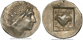 CARIAN ISLANDS. Rhodes. Ca. 88-84 BC. AR drachm (16mm, 11h). NGC Choice XF. Plinthophoric standard, Philon, magistrate. Radiate head of Helios right /...