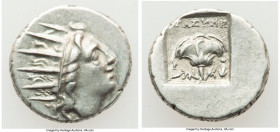 CARIAN ISLANDS. Rhodes. Ca. 88-84 BC. AR drachm (14mm, 2.54 gm, 12h). XF. Plinthophoric standard, Thrasymedes, magistrate. Radiate head of Helios righ...