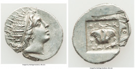 CARIAN ISLANDS. Rhodes. Ca. 88-84 BC. AR drachm (17mm, 2.47 gm, 12h). XF, die shift. Plinthophoric standard, Philon, magistrate. Radiate head of Helio...