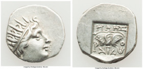 CARIAN ISLANDS. Rhodes. Ca. 88-84 BC. AR drachm (15mm, 2.27 gm, 11h). Choice VF. Plinthophoric standard, Maes, magistrate. Radiate head of Helios righ...