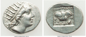 CARIAN ISLANDS. Rhodes. Ca. 88-84 BC. AR drachm (15mm, 2.46 gm, 12h). XF. Plinthophoric standard, Philostratus, magistrate. Radiate head of Helios rig...