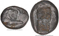 LYDIAN KINGDOM. Croesus (561-546 BC). AR third-stater (13mm). NGC VF. Sardes mint. Confronted foreparts of lion (on left) facing right, and bull (on r...