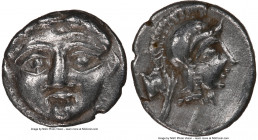 PISIDIA. Selge. Ca. 4th century BC. AR obol (10mm, 9h). NGC XF. Head of gorgoneion facing with flowing hair / Head of Athena right, wearing crested, w...