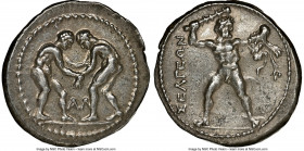 PISIDIA. Selge. Ca. 325-250 BC. AR stater (25mm, 10.64 gm, 12h). NGC Choice XF 5/5 - 3/5. Two wrestlers grappling; ΛΛ between legs / ΣEΛΓEΩN, Heracles...