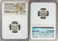 Anonymous. Ca. 211-208 BC. AR victoriatus (16mm, 3.55 gm, 4h). NGC MS 5/5 - 4/5, Fine Style. Luceria. Laureate head of Jupiter right, bead-and-reel bo...