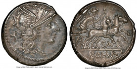 Atilius Saranus (ca. 155 BC). AR denarius (18mm, 4.18 gm, 9h). NGC Choice AU 5/5 - 4/5. Rome. Head of Roma right, wearing winged helmet decorated with...