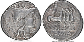 L. Antestius Gragulus (136 BC). AR denarius (19mm, 3.77 gm, 11h). NGC VF 4/5 - 5/5. Rome. GRAG, head of Roma right, wearing pendant earring, necklace ...