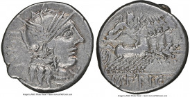 M. Fannius C. f. (ca. 123 BC). AR denarius (17mm, 3.91 gm, 3h). NGC Choice VF 5/5 - 4/5. Rome. ROMA, head of Roma right, wearing winged helmet decorat...