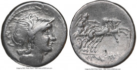 C. Claudius Pulcher (110-109 BC). AR denarius (17mm, 3.78 gm, 5h). NGC VF, scratches. Rome. Head of Roma right wearing winged helmet decorated with ci...