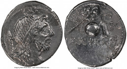 Cn. Lentulus (ca. 76-75 BC). AR denarius (20mm, 6h). NGC Choice VF, edge cut, brushed. Uncertain mint in Spain. G•P•R, diademed and draped bust of bea...