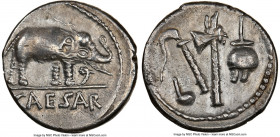 Julius Caesar, as Dictator (49-44 BC). AR denarius (17mm, 3.95 gm, 10h). NGC AU 4/5 - 3/5, brushed. Military mint traveling with Caesar in northern It...