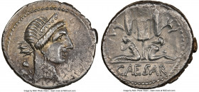 Julius Caesar, as Dictator (49-44 BC). AR denarius (18mm, 3.91 gm, 6h). NGC Choice XF 4/5 - 3/5. Military mint traveling with Caesar in Spain, 46-45 B...