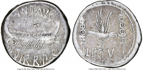 Marc Antony (43-30 BC). AR denarius (17mm, 3.68 gm, 6h). NGC Choice Fine 5/5 - 3/5, bankers mark, edge cut. Legionary issue, mint traveling with Anton...
