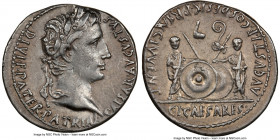 Augustus (27 BC-AD 14). AR denarius (20mm, 3.69 gm, 11h). NGC XF 5/5 - 3/5. Lugdunum, 2 BC-AD 4. CAESAR AVGVSTVS-DIVI F PATER PATRIAE, laureate head o...