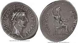 Tiberius (AD 14-37). AR denarius (19mm, 3.71 gm, 7h). NGC Choice VF 5/5 - 4/5. Lugdunum, ca. AD 15-18. TI CAESAR DIVI-AVG F AVGVSTVS, laureate head of...