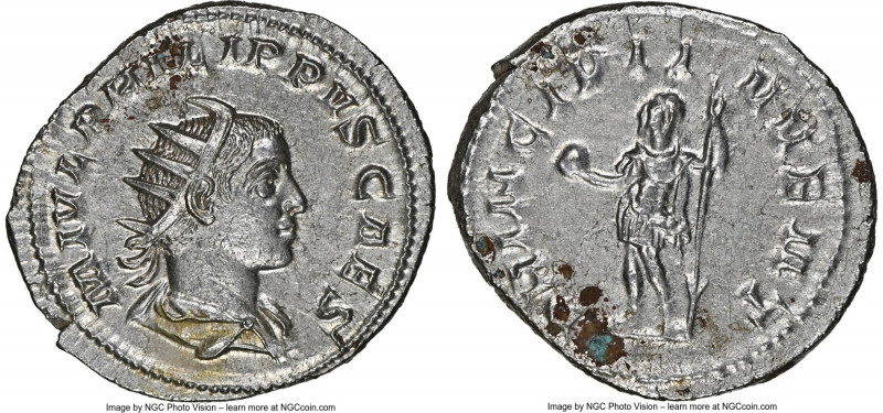 Philip II, as Caesar (AD 247-249). AR antoninianus (23mm, 4.15 gm, 6h). NGC MS 4...