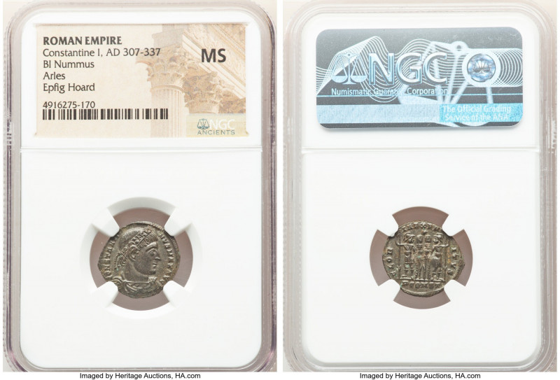 Constantine I the Great (AD 307-337). AE3 or BI nummus (17mm, 12h). NGC MS. Arle...