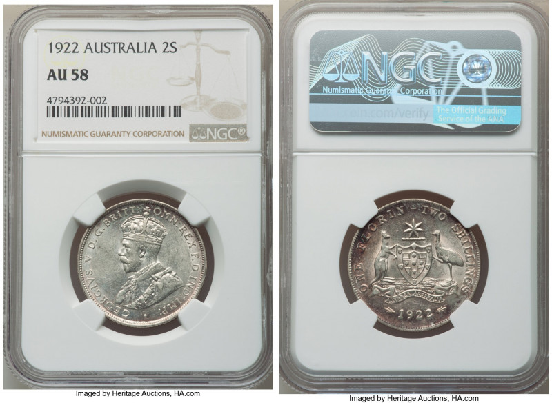 George V Florin 1922-(m) AU58 NGC, Melbourne mint, KM27. Slightly circulated and...