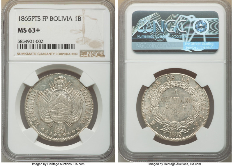 Republic Boliviano 1865 PTS-FP MS63+ NGC, Potosi mint, KM152.1. Choice Lustrous ...