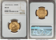 Pedro II gold 10000 Reis 1854 MS64 NGC, Rio de Janeiro mint, KM467. A beaming jewel with lustrous satin fields. 

HID09801242017

© 2022 Heritage ...